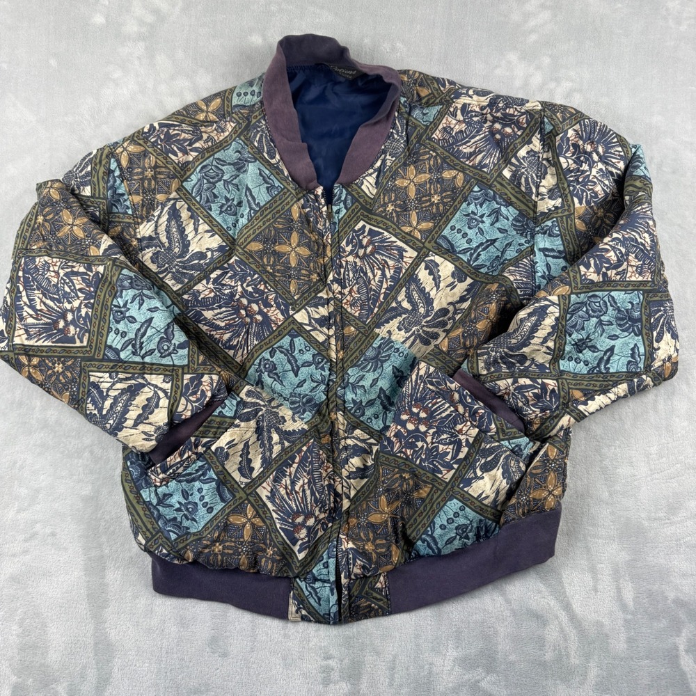 80's Women's Options‎ Melrose Quilted Bomber Jacket Batik Print Full Zip Size XL